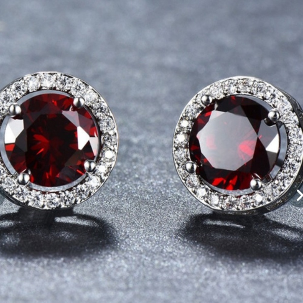 Elegance 10ct White Gold Princess Cut Ruby Studs - Picture 1 of 7